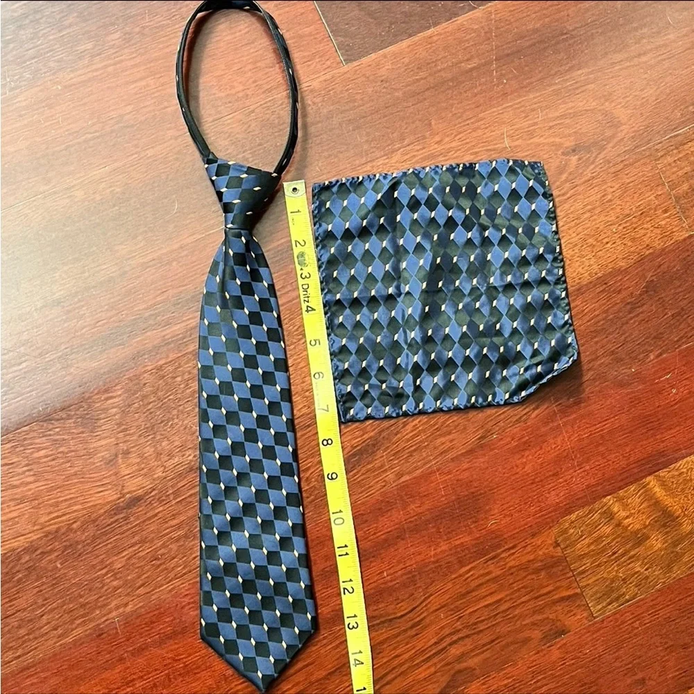 Boys Silk Zipper Tie With Pocket Handkerchief Blue Black Geometric